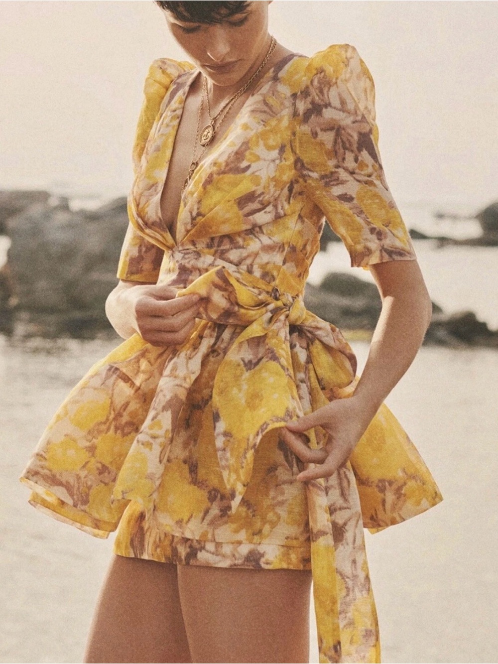 Zimmermann Yellow Floral Tie-Waist Mini Dress